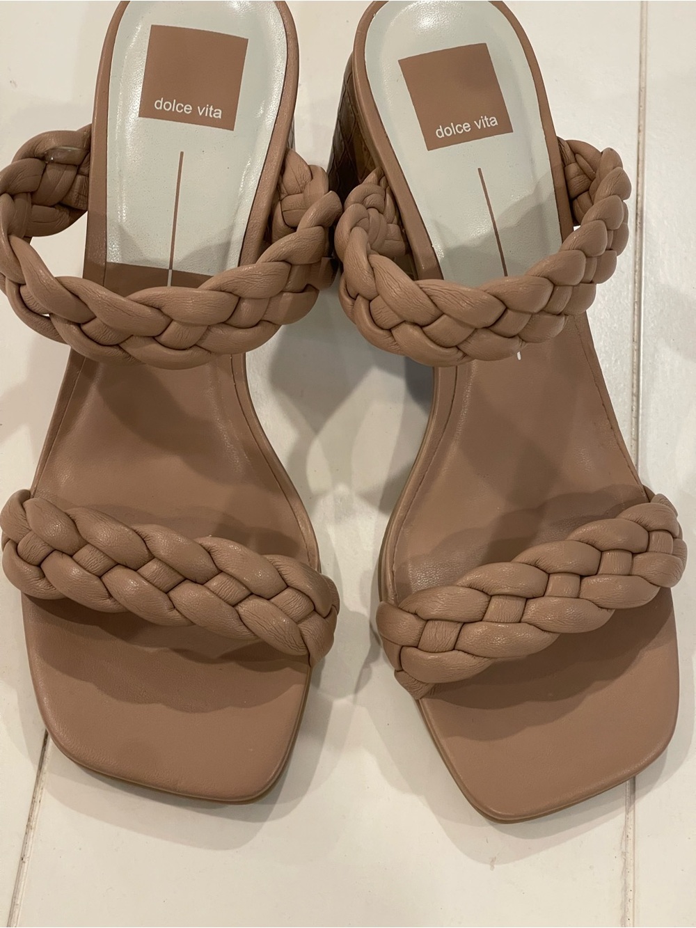 Dolce Vita Braided Double-Strap Block Heel Sandals in Taupe